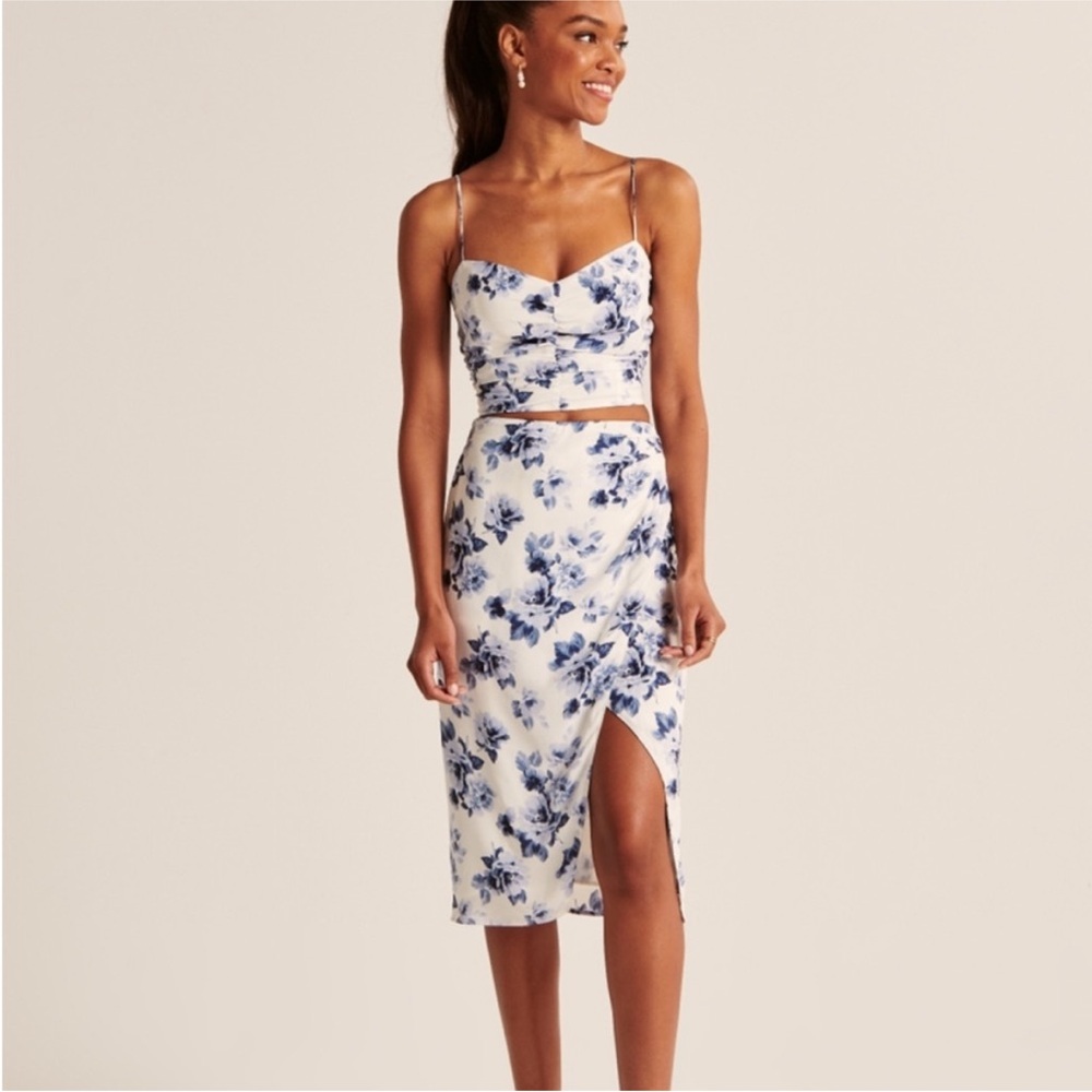 Abercrombie & Fitch Floral Midi Skirt and crop top in Cream and Blue